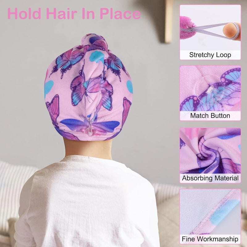 Basumee Microfiber Hair Towel Wrap for Kids 2 Pack - Rapid Drying Turbans With Button for Wet Hair - Head Towel Wrap for Women and Girls, Blue Pink Butterfly - Image 3